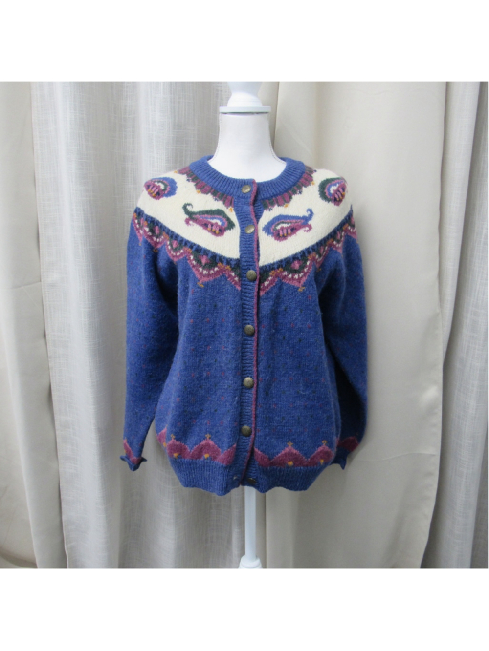 Vtg Woolrich Mohair Wool Paisley Fair Isle Yoke Cardigan Sweater Arctic Blue M